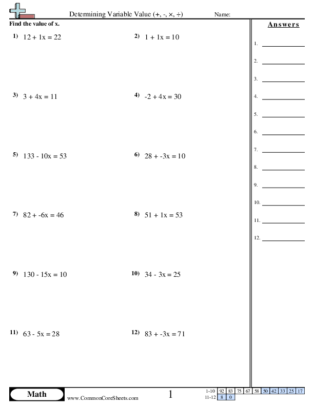 Determining Variable Value (+, -, ×, ÷) worksheet